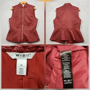 WHBM Quilted Peplum Vest Women's M Burgundy Zip Front